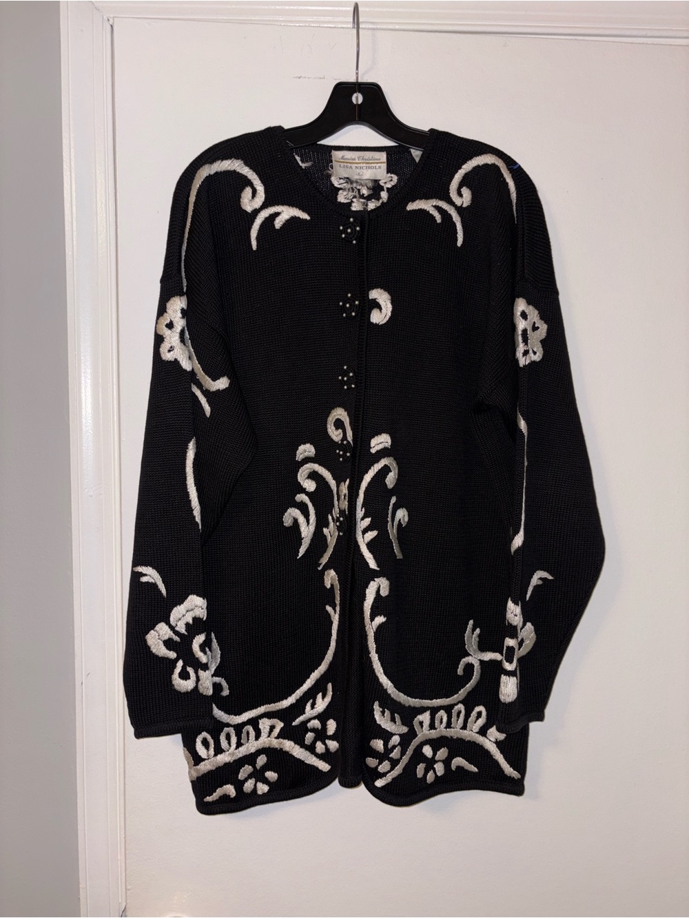 Marisa Christina Black Cardigan with Cream Embroidered Scrollwork